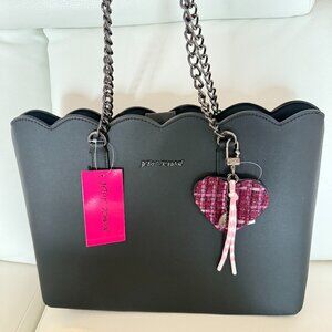 NWT BETSEY JOHNSON XOTOTE L BAG TOTE SHOULDER PURSE BLACK W HEART KEYFOB CHARM